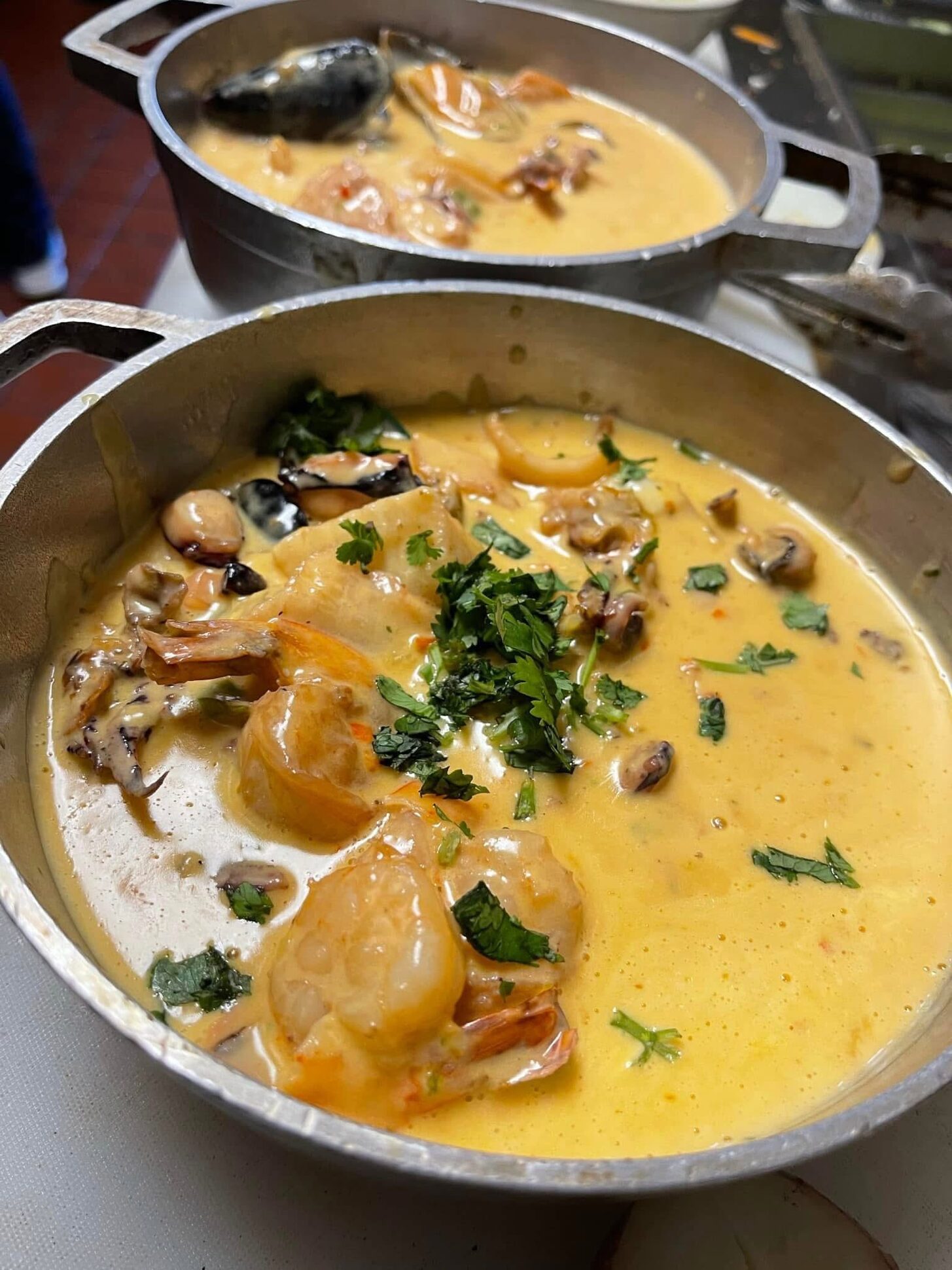 A creamy stew in an aluminum pot