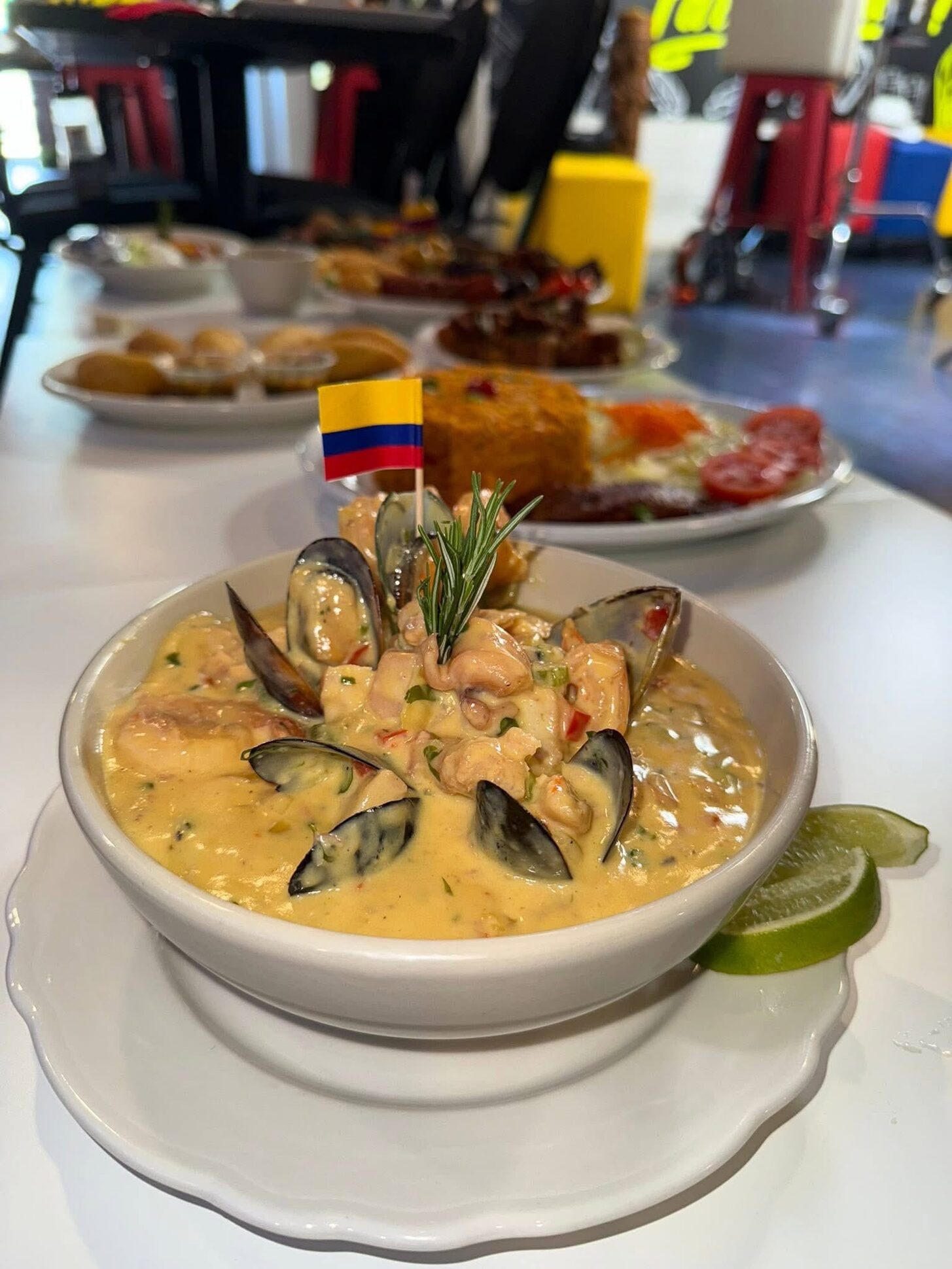 A seafood casserole with mussels and shrimp