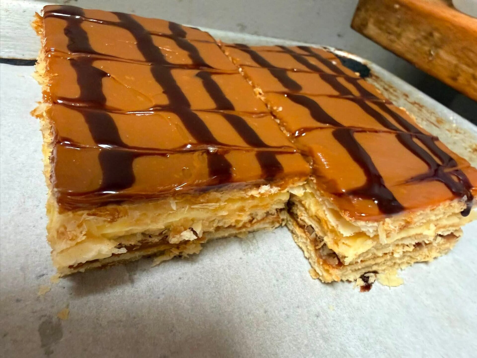 Milhojas layered with arequipe and striped with chocolate